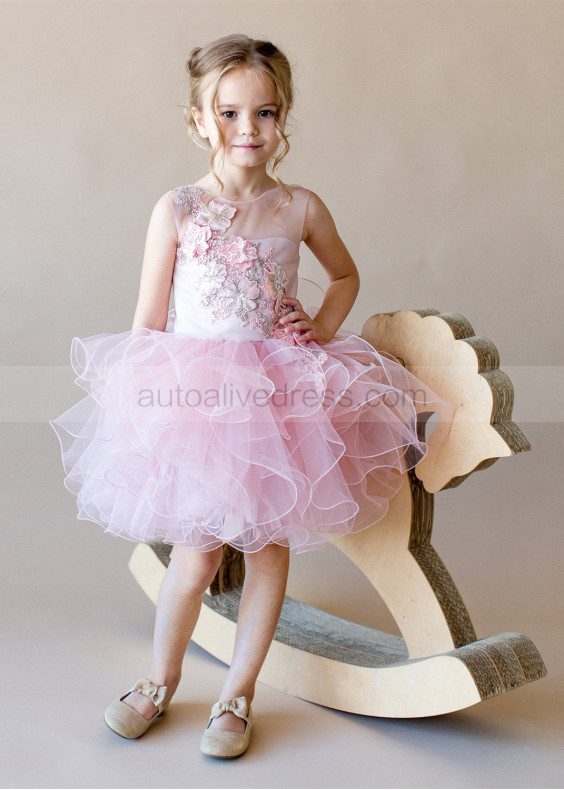 Blush Pink Ruffle Tulle 3D Flower Slit Corset Back Flower Girl Dress